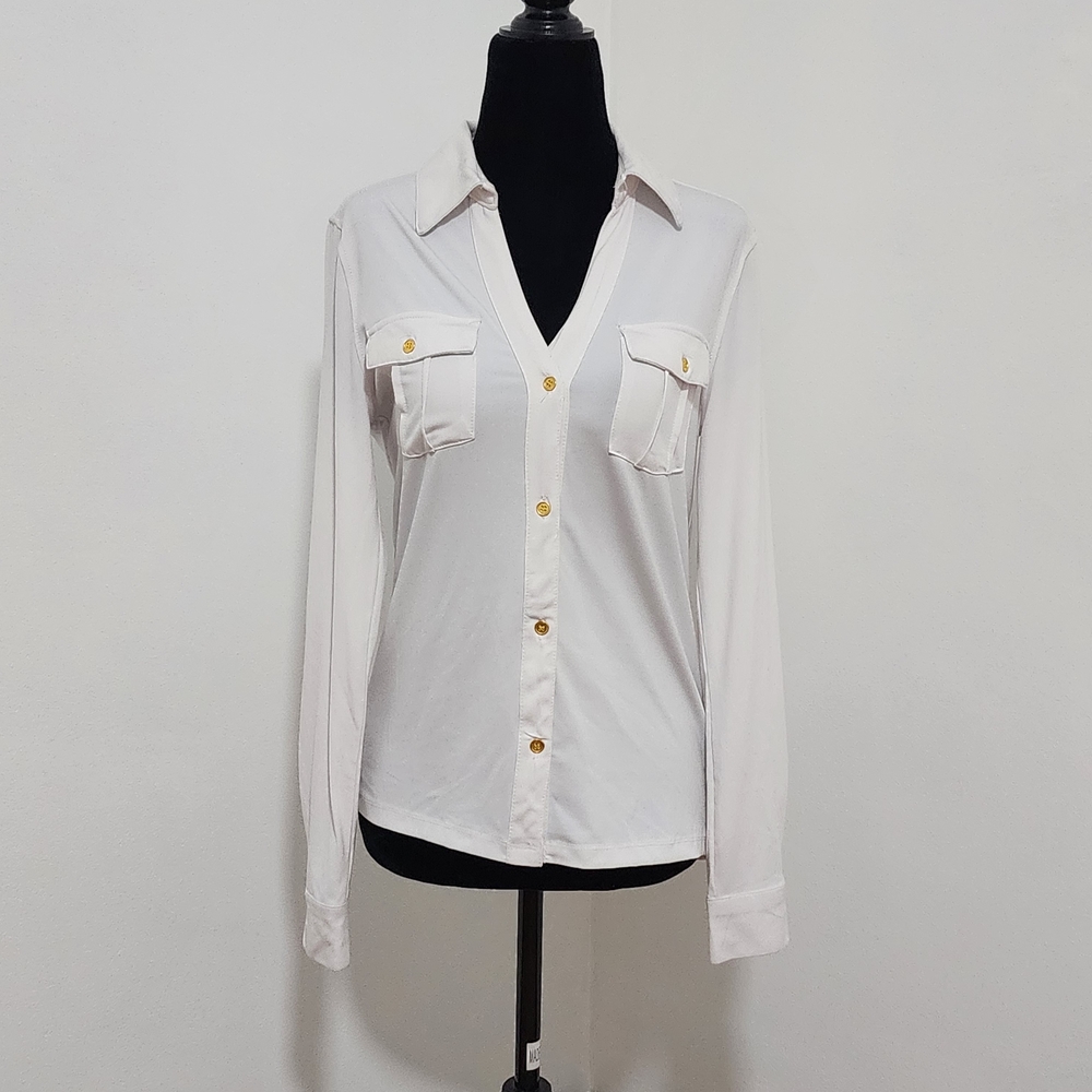 Chic White Blouse with Gold Buttons